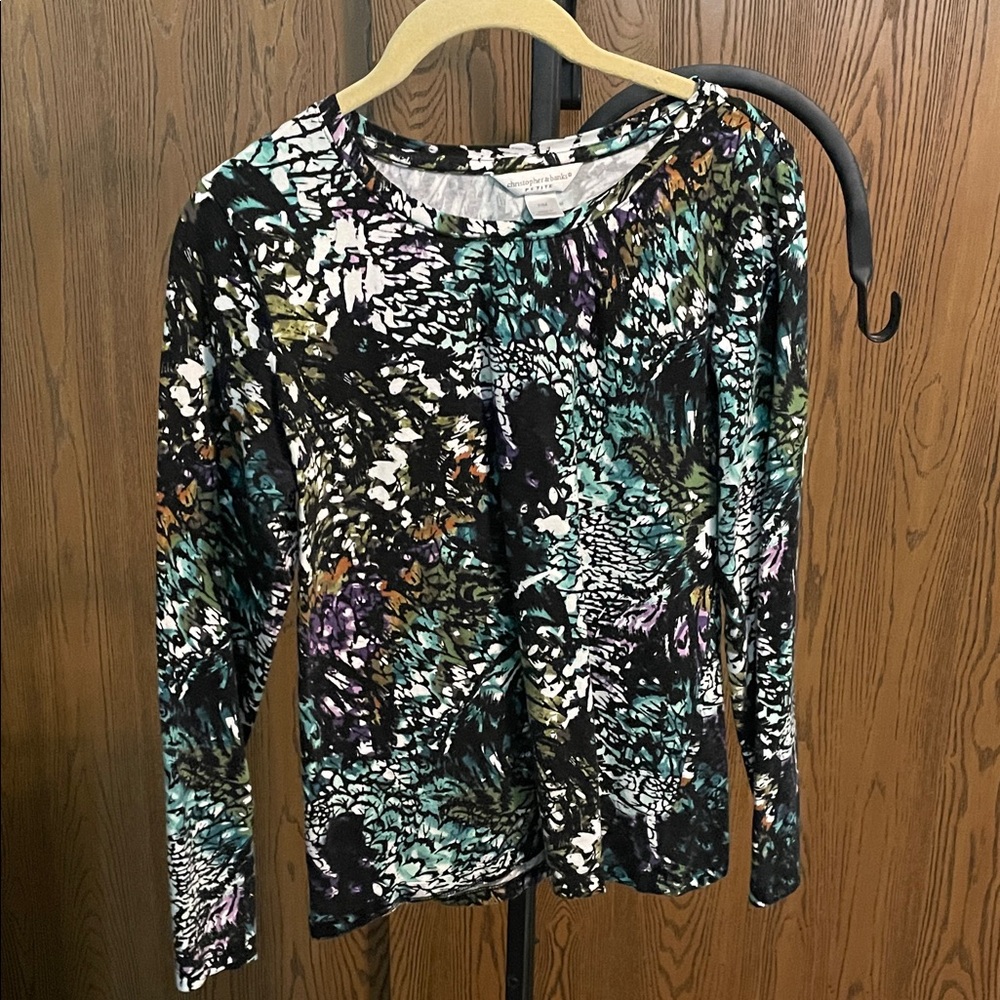 Christopher & Banks Black Multicolor Abstract Long-Sleeve Tee